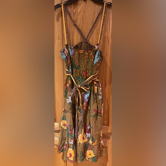 Free People Brown Floral Print Spaghetti Straps.‎ Ruffle Mini Dress Size Small - Picture 5 of 9